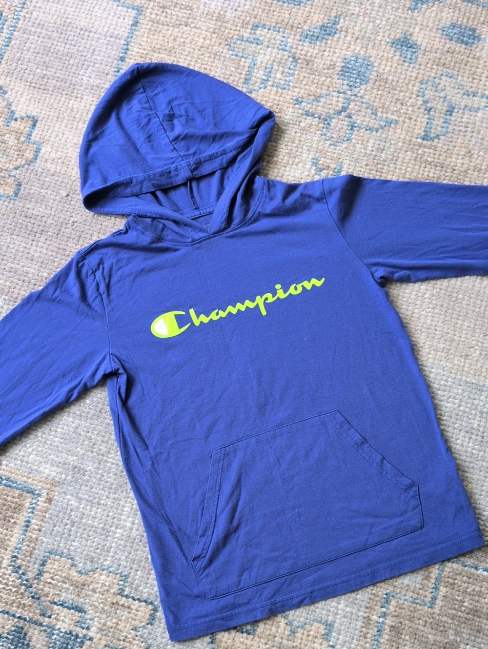 NWOT Champion Men’s Youth Large Blue Lightweight T-Shirt Hoodie Neon Logo